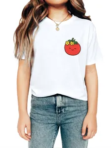 Close up detail of cute tomato flower graphic print on white children crewneck t-shirt.