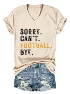 Casual women's V-neck short sleeve t-shirt with funny football letter print design.