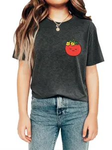 Detail shot of a cute tomato print t-shirt in dark gray, casual crewneck style for kids.