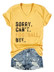 Yellow V-neck t-shirt featuring funny football slogan print, casual short sleeve top detail.