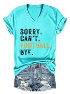 Women casual V-neck short sleeve T-shirt with funny football letter print top for daily wear.