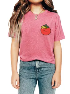 Cute kids short sleeve t-shirt featuring a fun tomato graphic print on the chest.