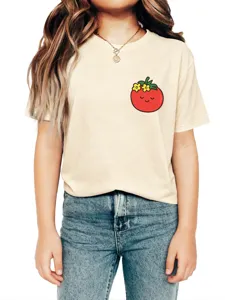 Cute cartoon tomato chest print short sleeve beige crew neck t-shirt product detail shot