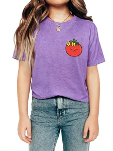 Cute tomato print purple short sleeve t-shirt detail showing lovely cartoon graphic design.