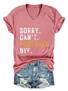 Women v-neck short sleeve t-shirt with funny football letter print for casual summer daily wear.