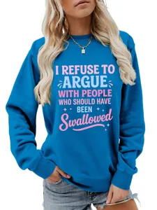 Felpa blu casual da donna a maniche lunghe con divertente stampa con slogan sul petto.