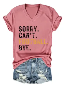 Casual pink V-neck short sleeve t-shirt with funny football slogan print for women.