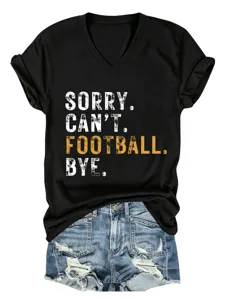 Black V-neck short sleeve T-shirt with football graphic slogan print, casual summer top.