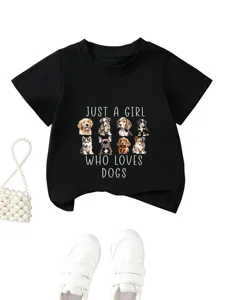 T-shirt manches courtes graphique de chien mignon pour enfants, haut noir col rond décontracté.