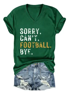 Green V-neck short sleeve T-shirt with football slogan print and distressed denim shorts.