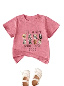 T-shirt à manches courtes pour enfants avec imprimé chien, haut graphique col rond fille.