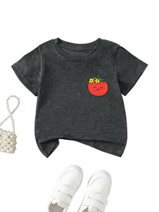 Cute kids short sleeve t-shirt featuring a fun cartoon tomato print and casual crewneck design.