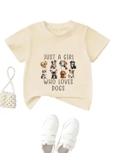 T-shirt à manches courtes pour enfants avec motif chiot mignon, haut beige décontracté.