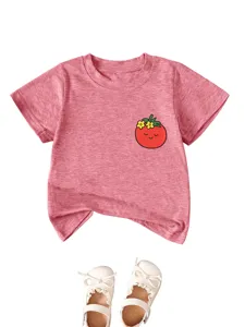 Cute kids short sleeve t-shirt with lovely cartoon tomato print and matching white shoes.