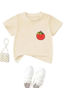 Cute Toddler Kids Short Sleeve T-Shirt Beige Crew Neck Cute Tomato Graphic Casual Top