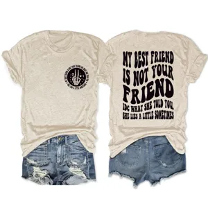 Casual women short sleeve crewneck graphic tee with letter print and denim shorts outfit.
