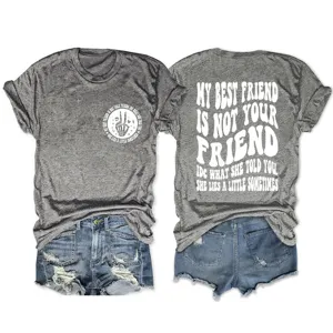 Casual stylish women's grey short sleeve t-shirt featuring graphic text and skeleton hand.