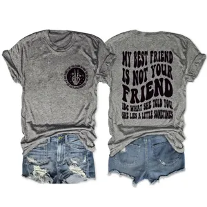 Casual women's short sleeve crewneck t-shirt with funny letter print front and back, grey.
