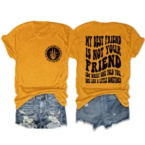 Women casual round neck short sleeve t-shirt with trendy graphic print and denim shorts.