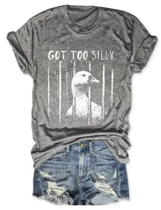 Women's casual grey short sleeve t-shirt featuring funny duck graphic and cute lettering design.