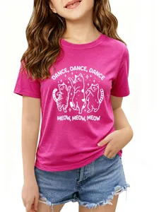 Leuke kat grafische kinderen t-shirt, leuke dans meow print korte mouw ronde hals top.