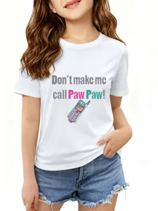 Kids casual white short sleeve t-shirt with funny graphic print, comfortable daily wear top.