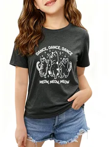 Kind donkergrijs korte mouw t-shirt met leuk dansende katten grafisch ontwerp casual kleding.