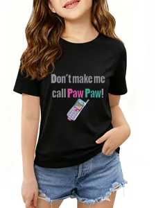Kids black graphic short sleeve t-shirt featuring phone print and fun quote design for casual wear.