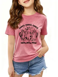 Kinder t-shirt met dansende katten, roze korte mouw top met ronde hals voor casual dagelijks.