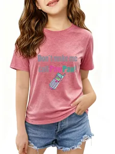 Girls pink short sleeve t-shirt with cute phone graphic and slogan for casual daily wear.
