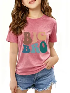 Kids pink short sleeve t-shirt with retro big bro letter print detail for casual wear.