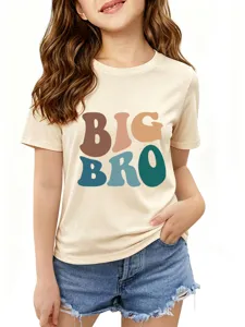 Kids casual beige short sleeve t-shirt detail showing retro big bro chest print design.