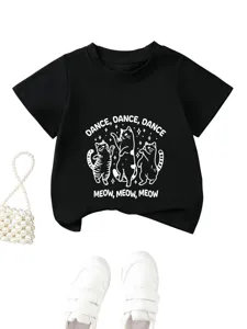 Kinderen leuke zwarte korte mouw t-shirt met grappige dansende katten print, casual top.