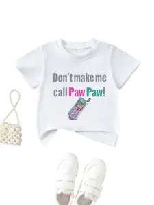 Kids white short sleeve t-shirt with funny letter print and retro phone graphic, casual top.