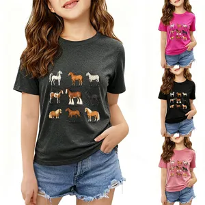 Kids casual round neck short sleeve t-shirt with cute horse breed graphic prints.