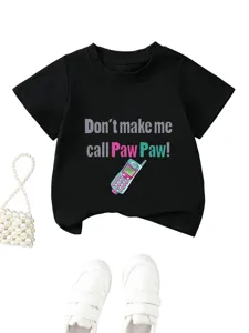 Black kids short sleeve t-shirt with retro phone graphic print and funny slogan casual top
