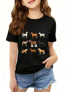 Kids black short sleeve t-shirt featuring classic horse breeds print graphic casual top.