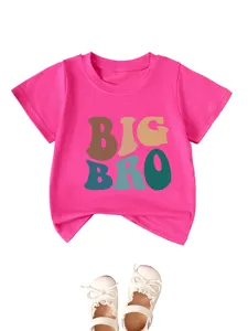 Pink short sleeve kids t-shirt featuring fun big bro letter print for casual daily wear.