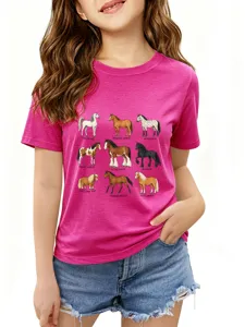 Cute pink short sleeve t-shirt featuring educational horse breed graphic print for kids.