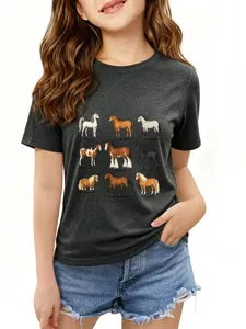 Casual short sleeve t-shirt for kids featuring horse breed graphic print dark gray.