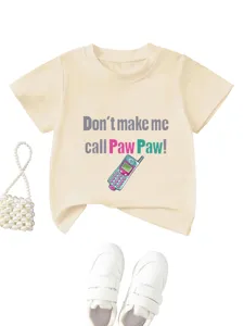 Close-up details of the toddler graphic tee featuring funny letter print and cute phone graphic.