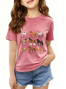 Kids short sleeve t-shirt featuring cute horse breeds graphic print in casual pink design.