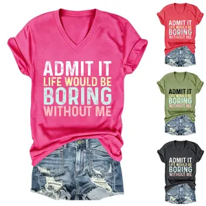 T-shirt décontracté pour femme à col en V et manches courtes avec impression de lettres.