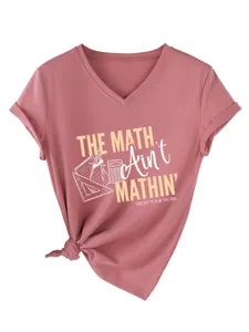 Maglietta donna scollo V manica corta casual con stampa matematica e orlo annodato top