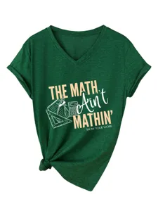 Maglietta donna manica corta scollo V verde scuro con stampa tema matematica dettagli