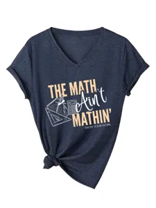 Maglietta da donna blu scuro con scollo a V, simpatica stampa matematica e nodo chic.