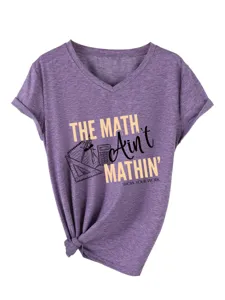 Maglietta donna viola scollo a V manica corta con stampa grafica di matematica e nodo frontale.