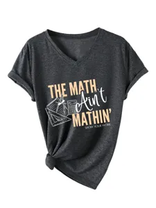 Vista dettagliata t-shirt grafica donna scollo V maniche corte stampa matematica orlo annodato.
