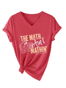 Maglietta da donna rossa con scollo a V e maniche corte, orlo annodato e dettaglio stampa matematica.