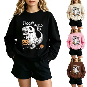 Halloween dinosaur spooky saurus rex crewneck sweatshirt casual long sleeve top for women